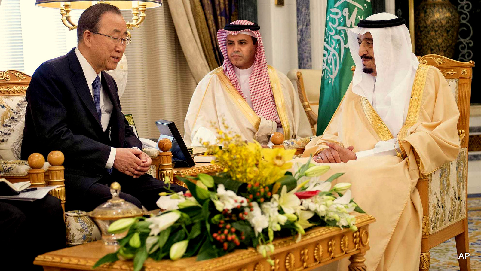 United Nations Secretary General Ban Ki-Moon, left, meets with King Salman bin Abdul-Aziz Al Saud, right