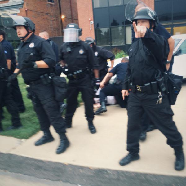 Denver Police confront people protesting the killing of Paul Castaway.  Denver, Colorado June, 20 2015.  Photo: Jesse Benn/Twitter