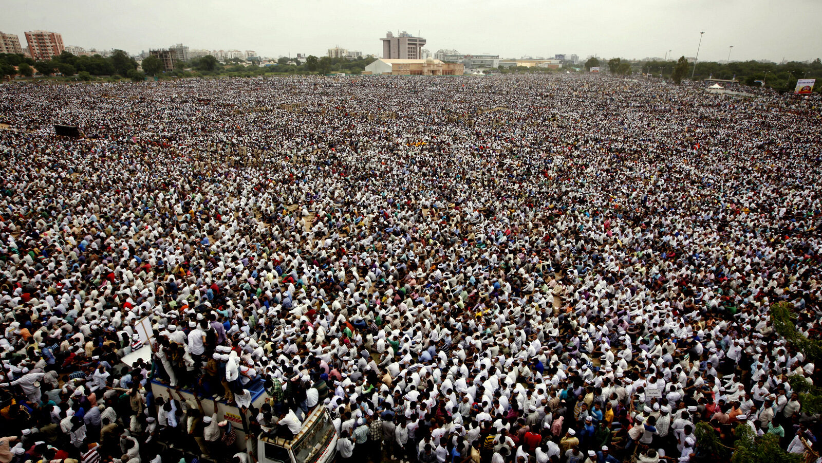 Tens of thousands of protestors from Gujarat’s Patel community participate in a rally in Ahmadabad, India, Tuesday, Aug. 25, 2015. The members of the community from this western Indian state are demanding affirmative action for better access to education and employment. (AP Photo/Ajit Solanki)