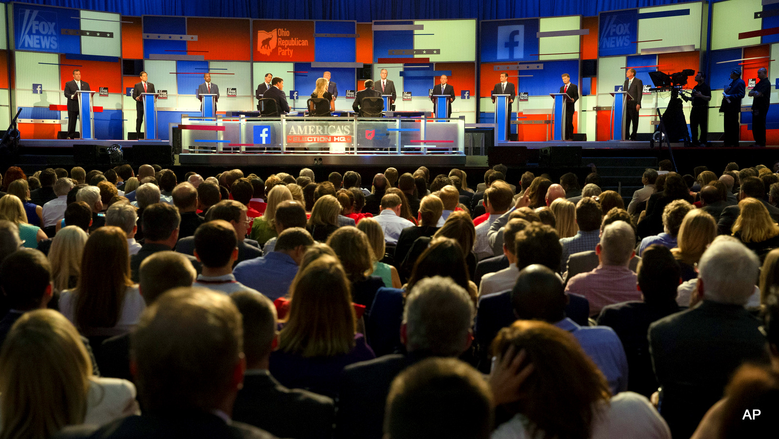 Republican presidential candidates take the stage for the first Republican presidential debate at the Quicken Loans Arena Thursday, Aug. 6, 2015, in Cleveland.