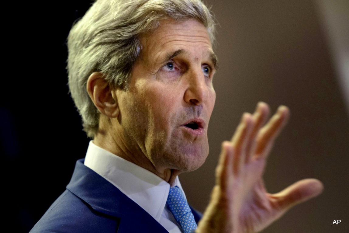 U.S. Secretary of State John Kerry speaks during a press conference Thursday, Aug. 6, 2015 after attending the 22nd Association of Southeast Asian Nations (ASEAN) Regional Forum in Kuala Lumpur, Malaysia. In a direct challenge to China, Kerry called Thursday for all claimants to disputed territories in the South China to Sea immediately halt provocative activities that have ratcheted up tensions in some of the world’s busiest shipping lanes. (Brendan Smialowski/Pool Photo via AP)