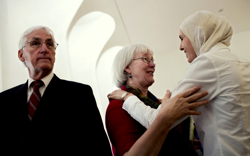 Cindy Corrie, center, and Craig Corrie, left, the parents of Rachel Corrie, a pro-Palestinian activist who was crushed to death by an Israeli bulldozer in Gaza in 2003, meet their lawyer at the Supreme Court In Jerusalem, May 21, 2014. (AP/Oded Balilty)