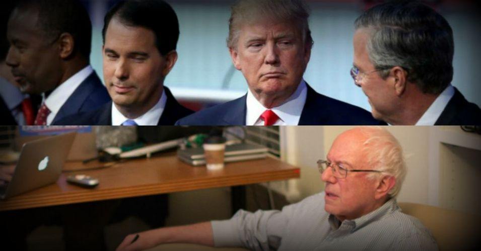 Sen. Bernie Sanders took on the entire top-tier of the GOP field from his Twitter account on Thursday night... and for many, he won the debate hands down. (Photo: CD Collage / Fox News / @BernieSanders)
