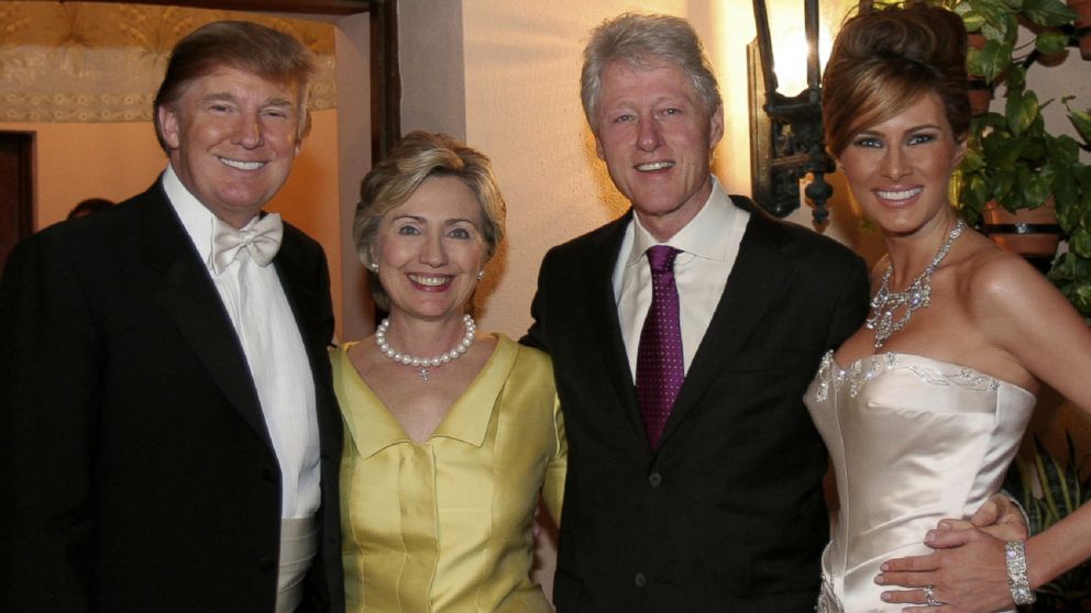 Donald Trump and Melania Trump with Hillary Rodham Clinton and Bill Clinton at Trump's wedding.