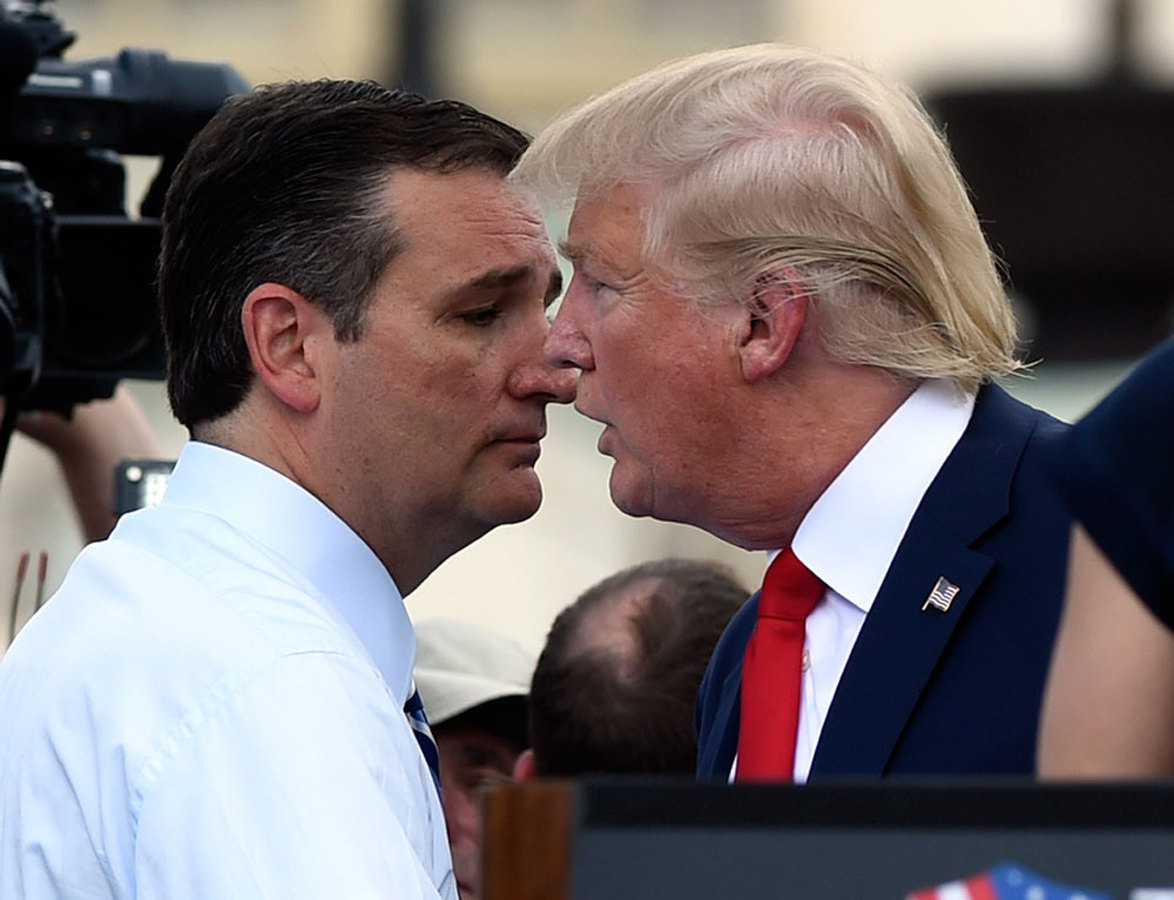 Republican Presidential candidate Donald Trump, right, speaks with fellow Republican presidential candidate Sen. Ted Cruz, R-Texas, during a rally opposing the Iran nuclear deal outside the Capitol in Washington, Wednesday, Sept. 9, 2015. (AP Photo/Susan Walsh)