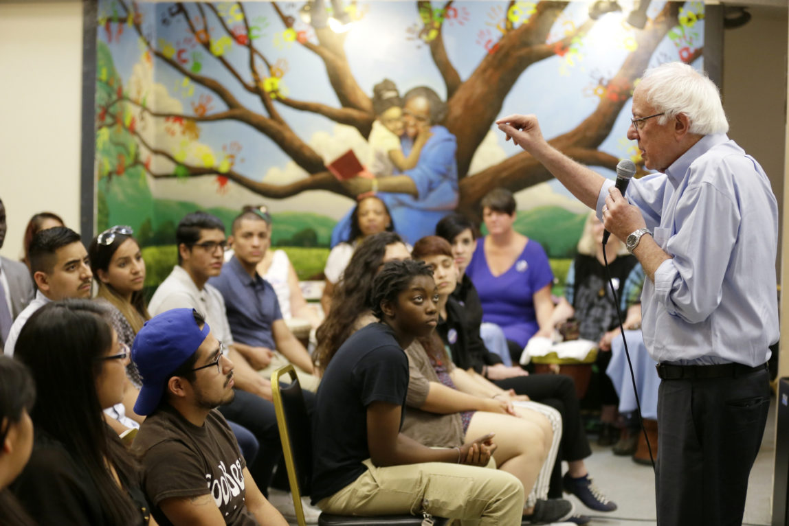 Democratic presidential candidate, Sen. Bernie Sanders, I-Vt., speaks during the Des Moines Youth Summit, Sunday, Sept. 27, 2015, at Creative Visions in Des Moines, Iowa. (AP Photo/Charlie Neibergall)