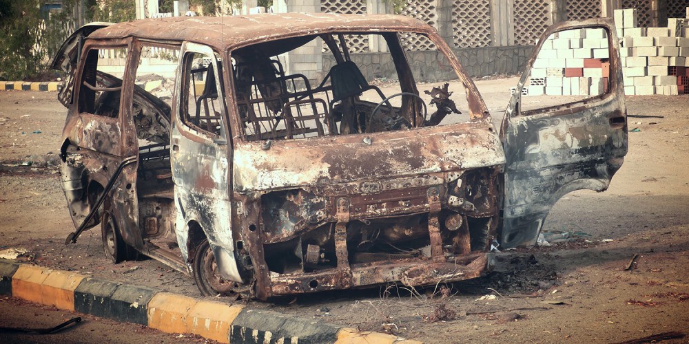 A March 30 airstrike on a public bus in the Khormakser district of Aden, Yemen, left four dead, including one child. Photo: Iona Craig