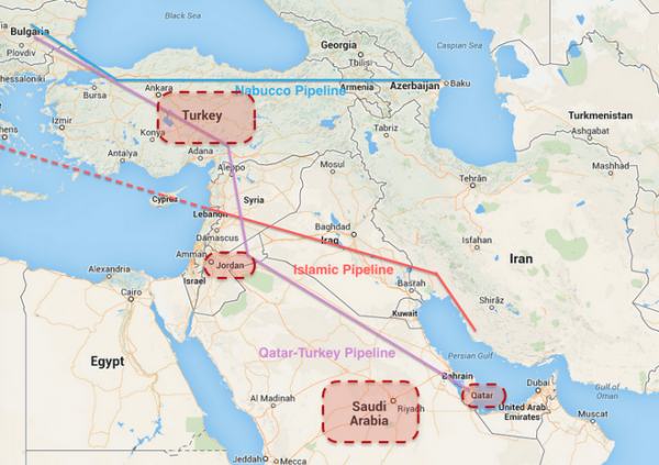 Note the purple line which traces the proposed Qatar-Turkey natural gas pipeline and note that all of the countries highlighted in red are part of a new coalition hastily put together after Turkey finally (in exchange for NATO’s acquiescence on Erdogan’s politically-motivated war with the PKK) agreed to allow the US to fly combat missions against ISIS targets from Incirlik. Now note which country along the purple line is not highlighted in red. That’s because Bashar al-Assad didn’t support the pipeline and now we’re seeing what happens when you’re a Mid-East strongman and you decide not to support something the US and Saudi Arabia want to get done. 