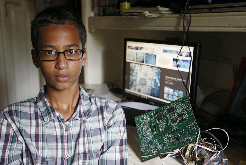 After taking a homemade clock to school, Irving MacArthur High student Ahmed Mohamed, 14, was taken in handcuffs to juvenile detention. Police say they may charge him with making a hoax bomb — though they acknowledge he told everyone who would listen that it’s a clock. Photo: Vernon Bryan
