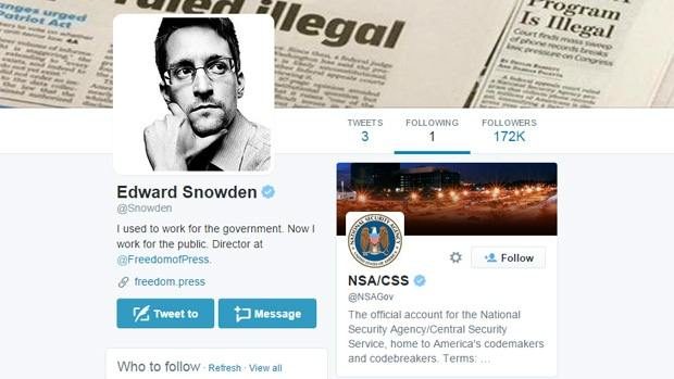 NSA whistleblower Edward Snowden is only following one other account on Twitter, and that is @NSAGov (Twitter/@Snowden/CBC News screenshot)