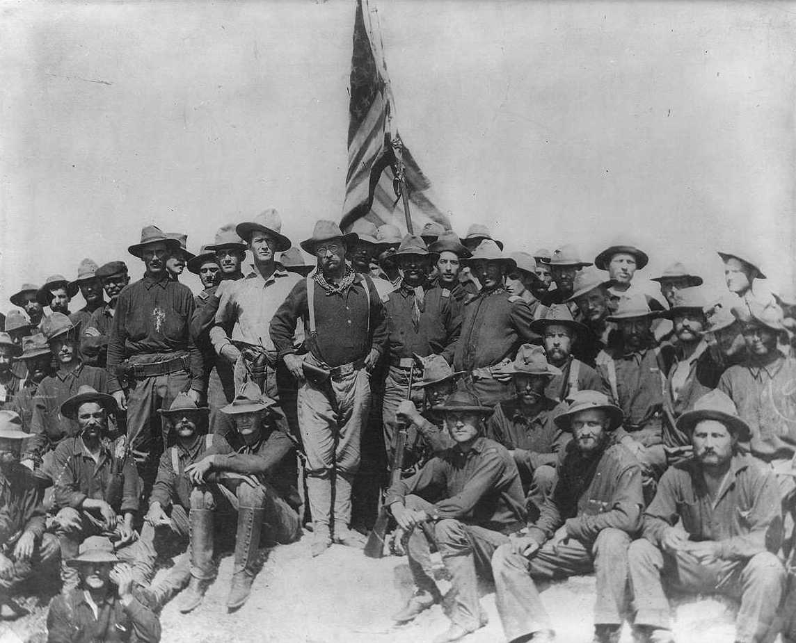 Theodore Roosevelt (center front, just left of the flag) and his "Rough Riders," 1898. 