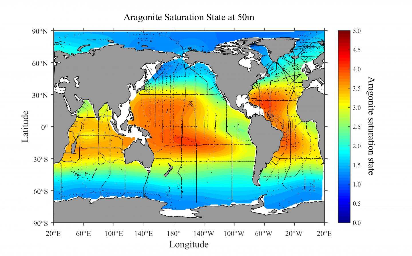 This map shows the global distribution of aragonite saturation at 50 meters depth. The graphic shows areas that are most vulnerable to ocean acidification since they are regions where the saturation of aragonite is lower. Aragonite is a calcium carbonate mineral that shellfish use to build their shells.