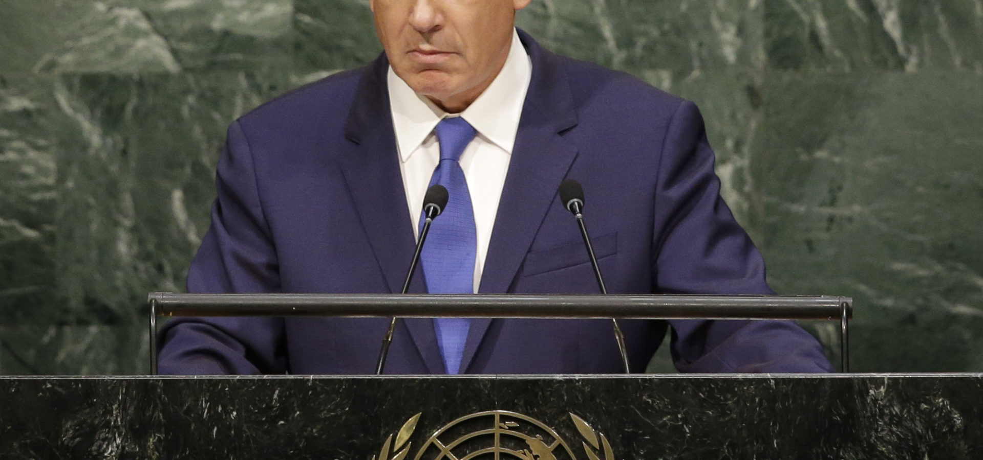 Israel's Prime Minister Benjamin Netanyahu pauses during his speech to stare at the audience during the 70th session of the United Nations General Assembly at U.N. headquarters, Thursday, Oct. 1, 2015. (AP Photo/Seth Wenig)