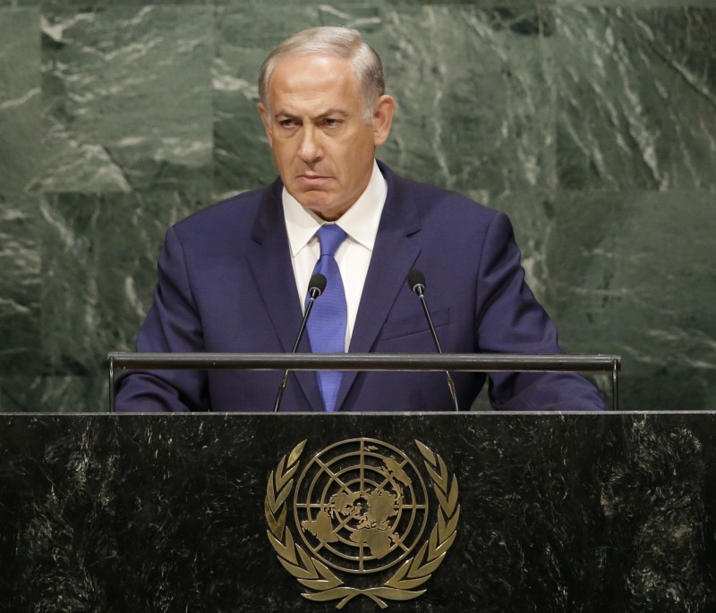 Israel's Prime Minister Benjamin Netanyahu pauses during his speech to stare at the audience during the 70th session of the United Nations General Assembly at U.N. headquarters, Thursday, Oct. 1, 2015. (AP Photo/Seth Wenig)