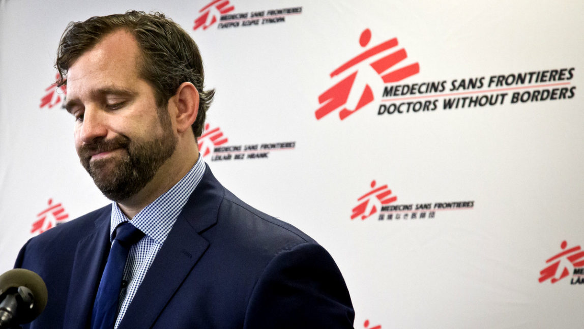 Jason Cone, U.S. executive director of Doctors Without Borders, pauses as he speaks during a press conference Wednesday, Oct. 7, 2015, in New York calling for an independent, international investigation into the U.S. air strike on a hospital in Afghanistan that killed at least 22 people. (AP Photo/Bebeto Matthews)