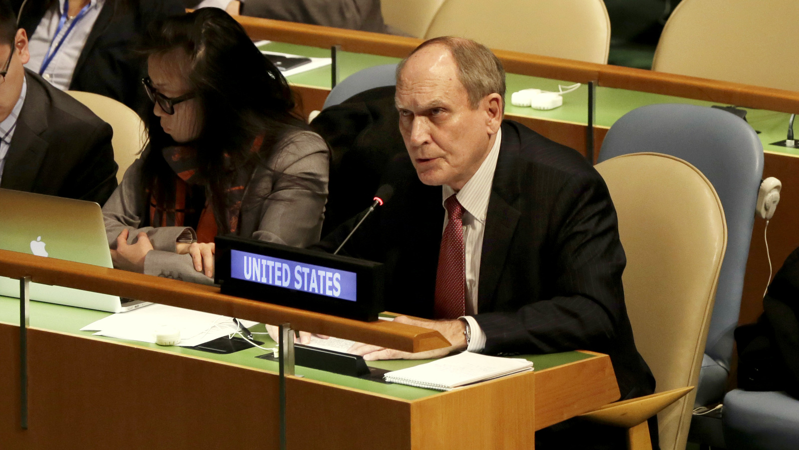 U.S. Ambassador Ronald Godard addresses the United Nations General Assembly before a vote, Tuesday, Oct. 27, 2015. Cuba will submit to the UN General Assembly on Tuesday its annual draft resolution calling for an end to the U.S.-led five-decade embargo against the Caribbean nation.  (AP Photo/Richard Drew)