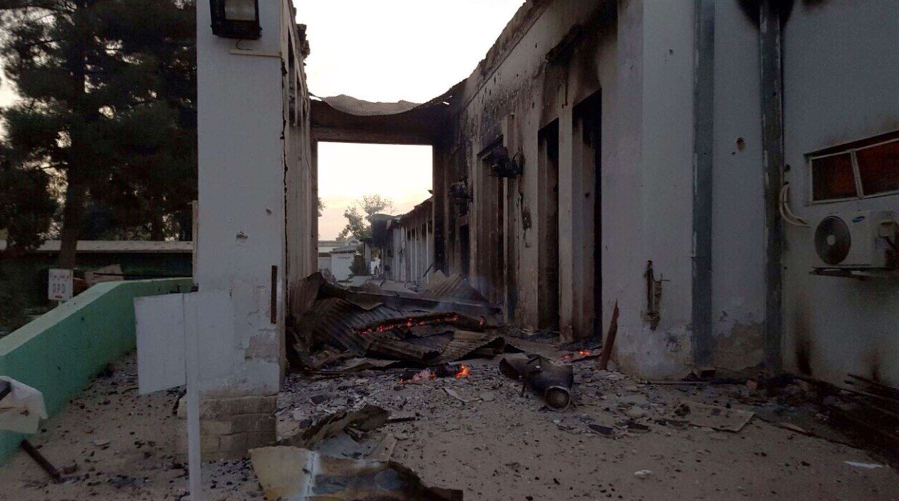     Fires burn in part of the hospital run by Doctors Without Borders (MSF) in the Afghan city of Kunduz after it was hit by an air strike.
