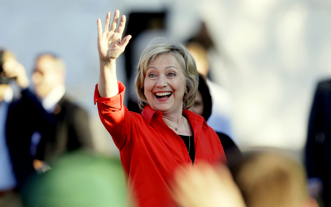 Democratic presidential candidate Hillary Rodham Clinton waves to supporter as she arrives at a town hall meeting, Tuesday, Nov. 3, 2015, in Coralville, Iowa. (AP Photo/Charlie Neibergall)S