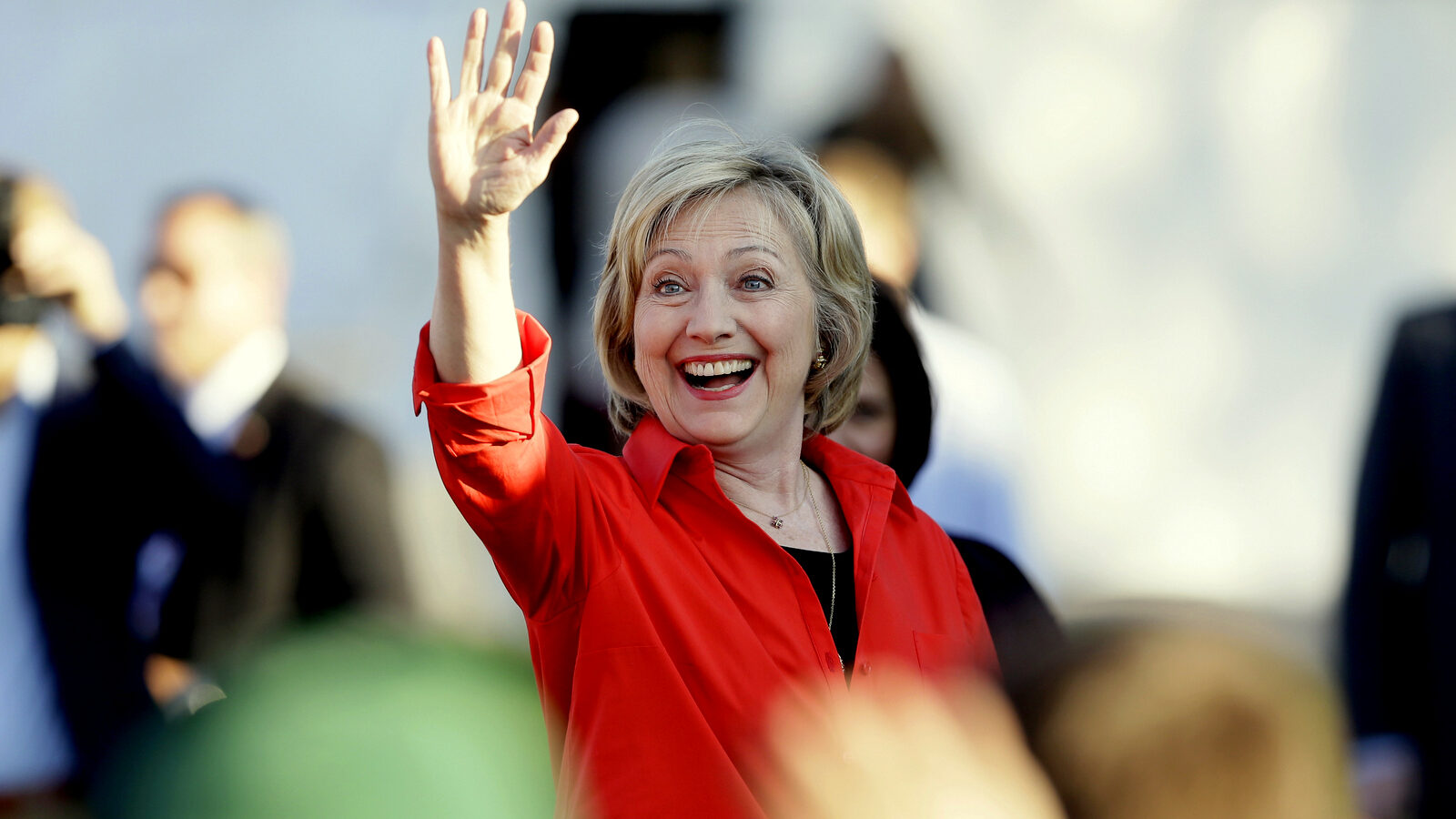 Democratic presidential candidate Hillary Rodham Clinton waves to supporter as she arrives at a town hall meeting, Tuesday, Nov. 3, 2015, in Coralville, Iowa. (AP Photo/Charlie Neibergall)S