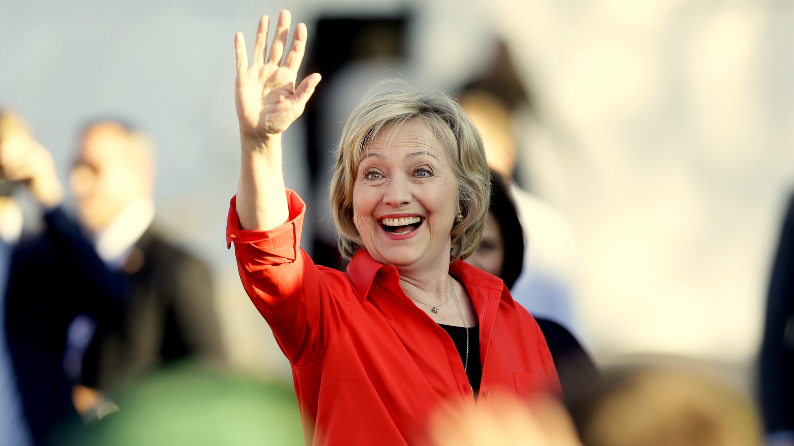 Democratic presidential candidate Hillary Rodham Clinton waves to supporter as she arrives at a town hall meeting, Tuesday, Nov. 3, 2015, in Coralville, Iowa. (AP Photo/Charlie Neibergall)
