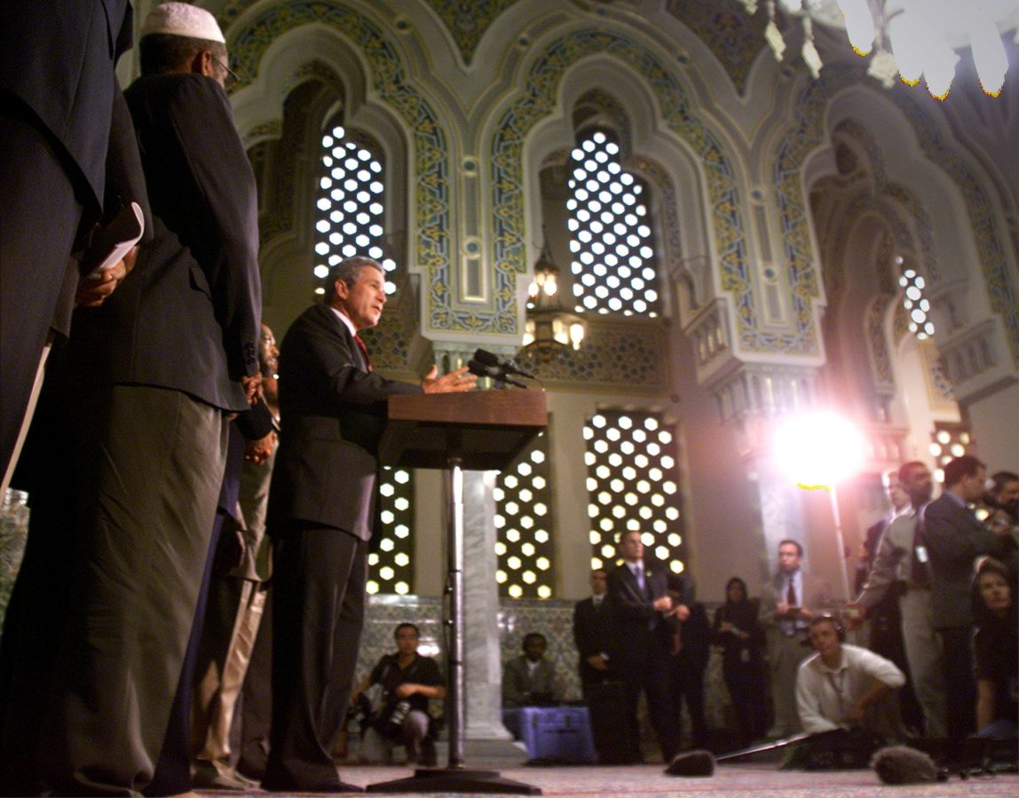 President Bush speaks to the press during his visit to the Mosque at the Islamic Center in Washington, D.C., on Monday, September 17, 2001. (Photo: Chuck Kennedy)