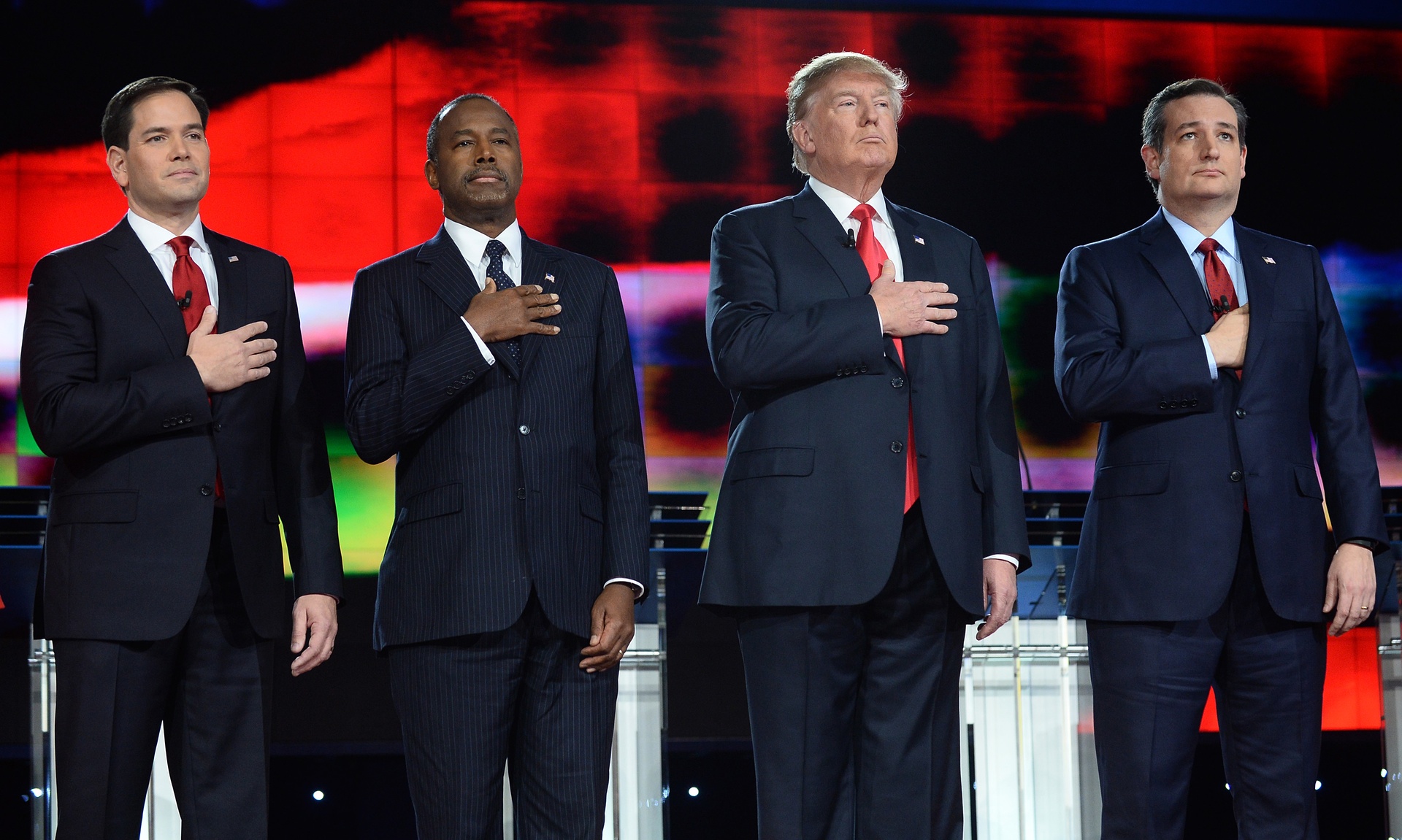 Marco Rubio, Ben Carson, Donald Trump and Ted Cruz offered aggressive rhetoric against Isis at Tuesday’s debate. Photograph: UPI /Landov / Barcroft Media