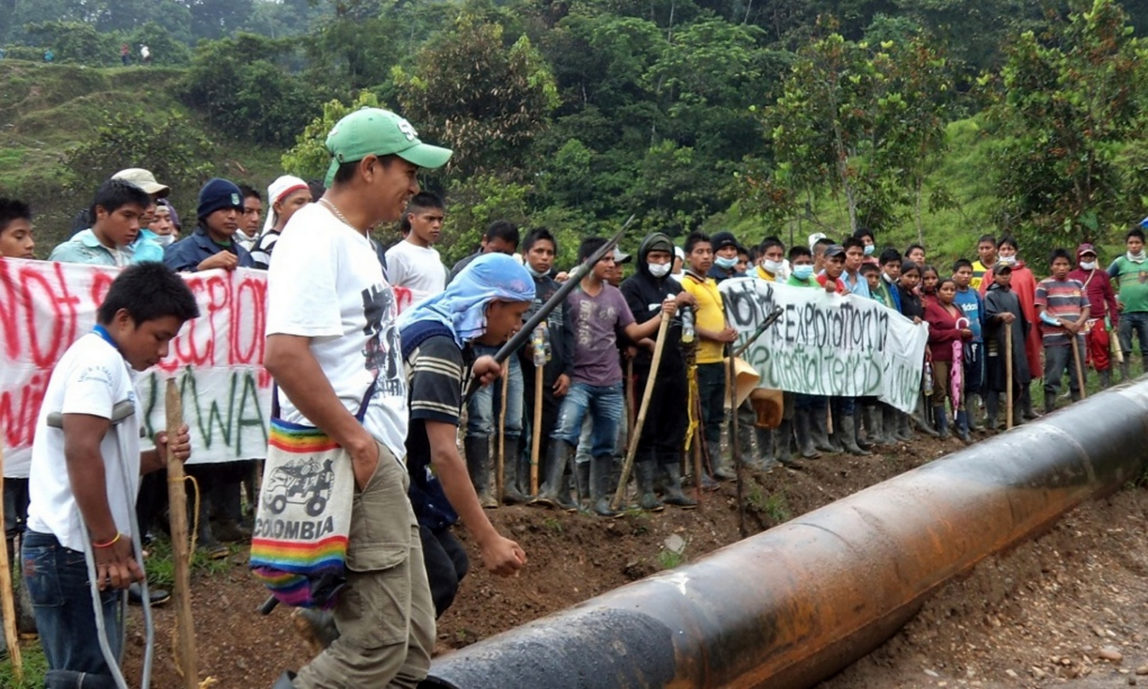U'was along the Caño Limon-Covenas oil pipeline running through their ancestral territory. Photograph: Asou'wa