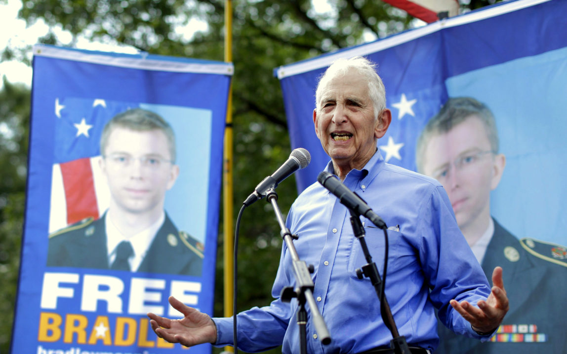 In this Saturday, June 1, 2013 file photo, Daniel Ellsberg, the whistleblower responsible for releasing the Pentagon Papers, speaks during a rally in support of Army Pfc. Chelsea Manning, formerly Bradley Manning, outside the gates of Fort Meade, Md. On Wednesday, Aug. 21, 2013. (AP Photo/Patrick Semansky)