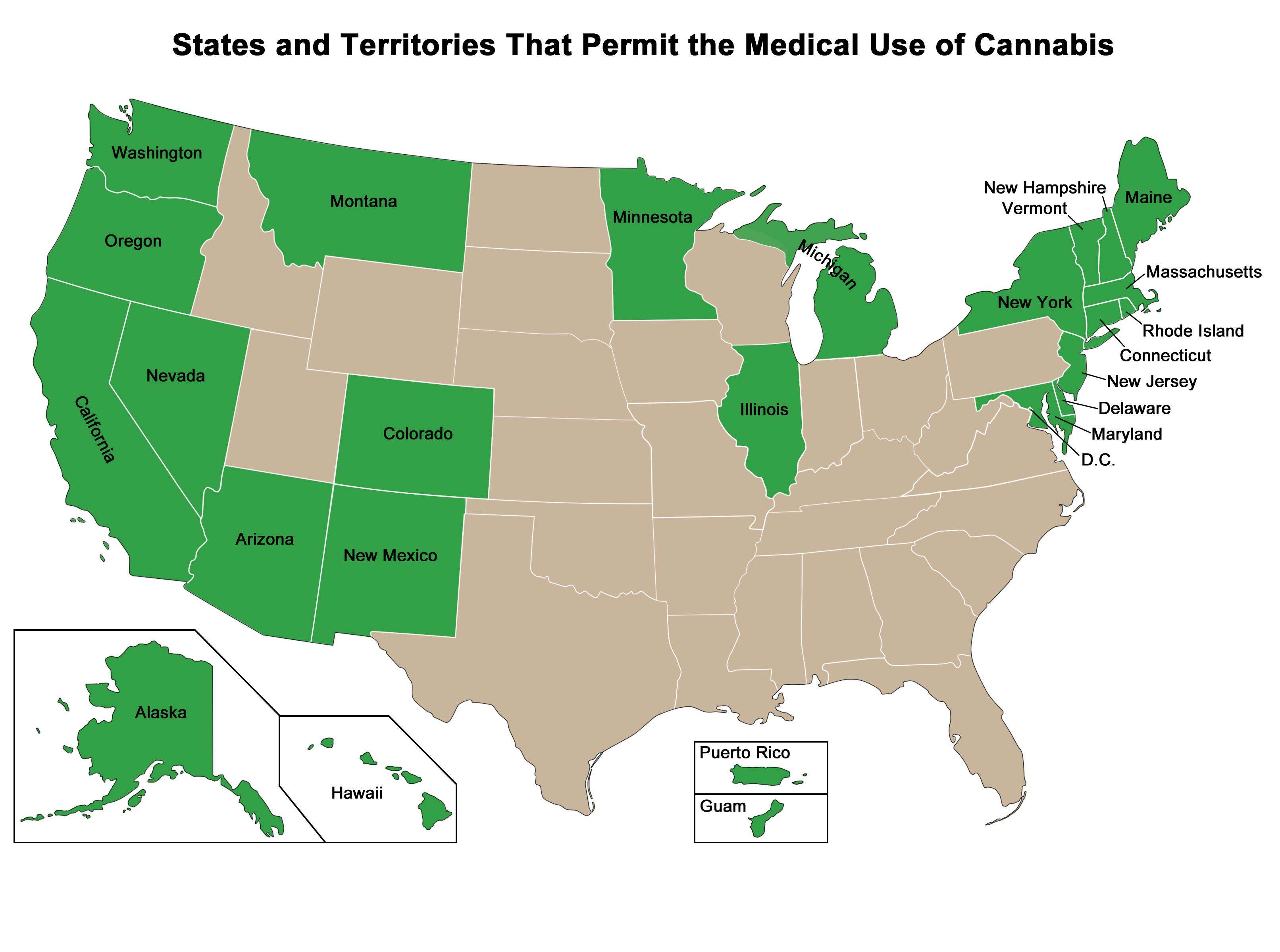 Although federal law prohibits the use of Cannabis, the states and territories shown on map permit its use for certain medical conditions. (Map from the National Cancer Institute)