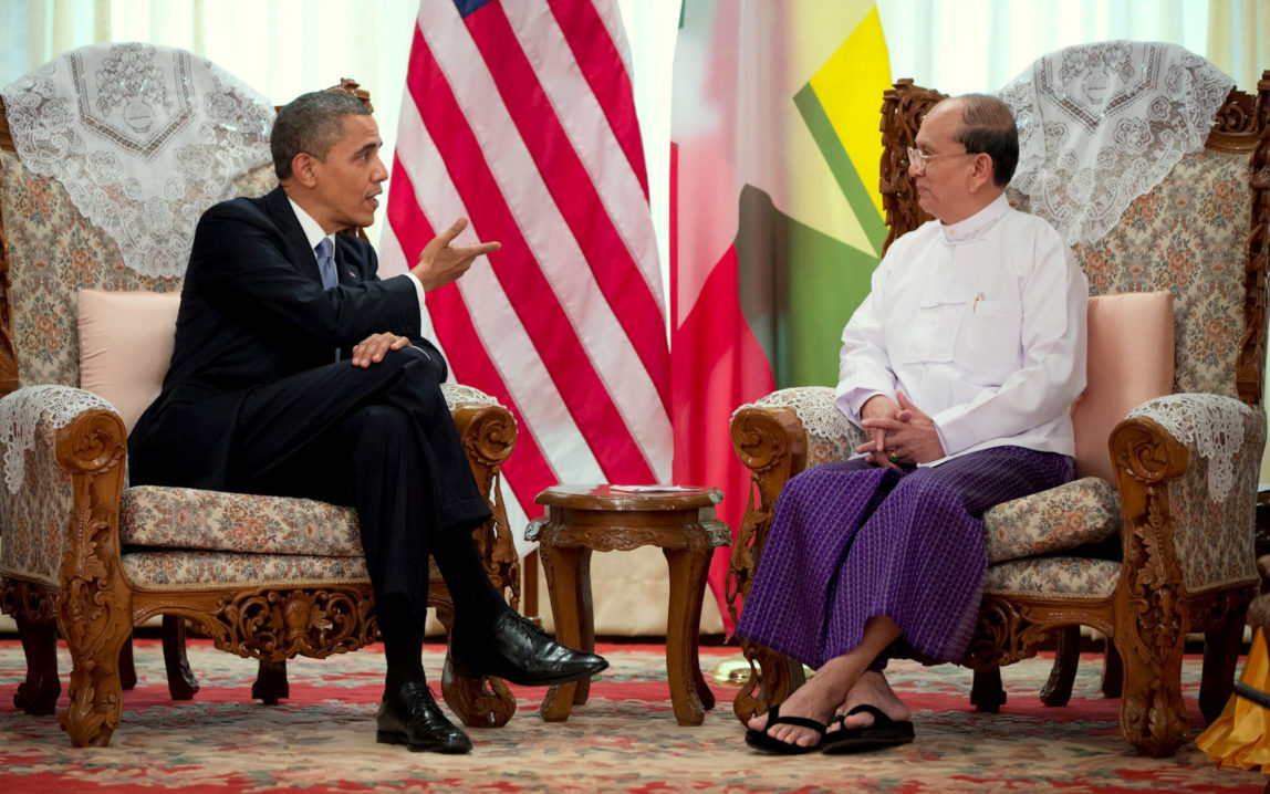 President Barack Obama holds a meeting with President Thein Sein of Burma at the Burma Parliament Building in Rangoon, Burma, Nov. 19, 2012. (Official White House Photo by Pete Souza)