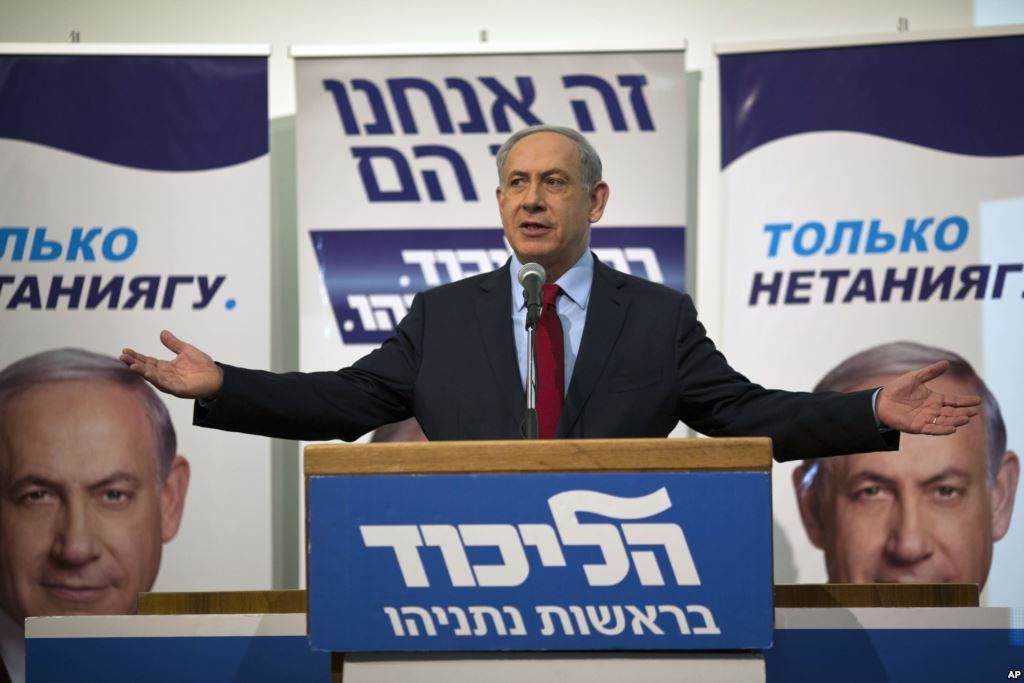Israeli Prime Minister Benjamin Netanyahu speaks to his Likud party members during a campaign event near Tel Aviv, Feb. 9, 2015.