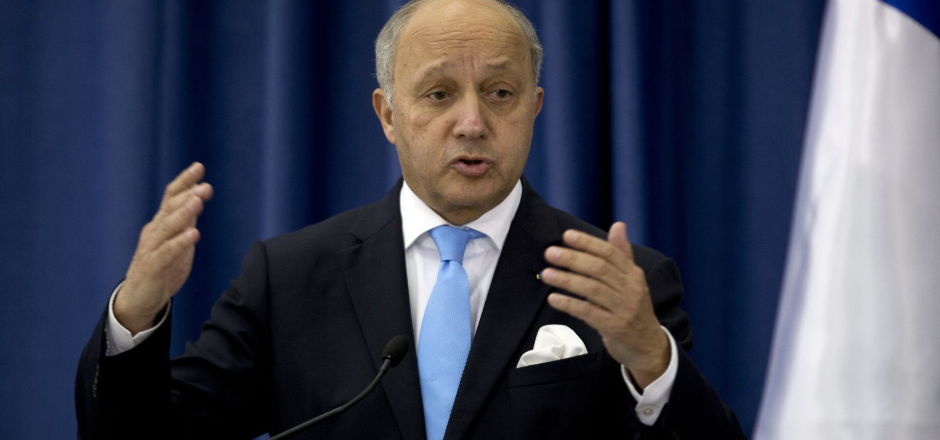 French Foreign Minister Laurent Fabius speaks during a press conference with Palestinian Foreign Minister Riyad Al-Maliki in the West Bank city of Ramallah, Sunday, June 21, 2015. (AP Photo/Majdi Mohammed)
