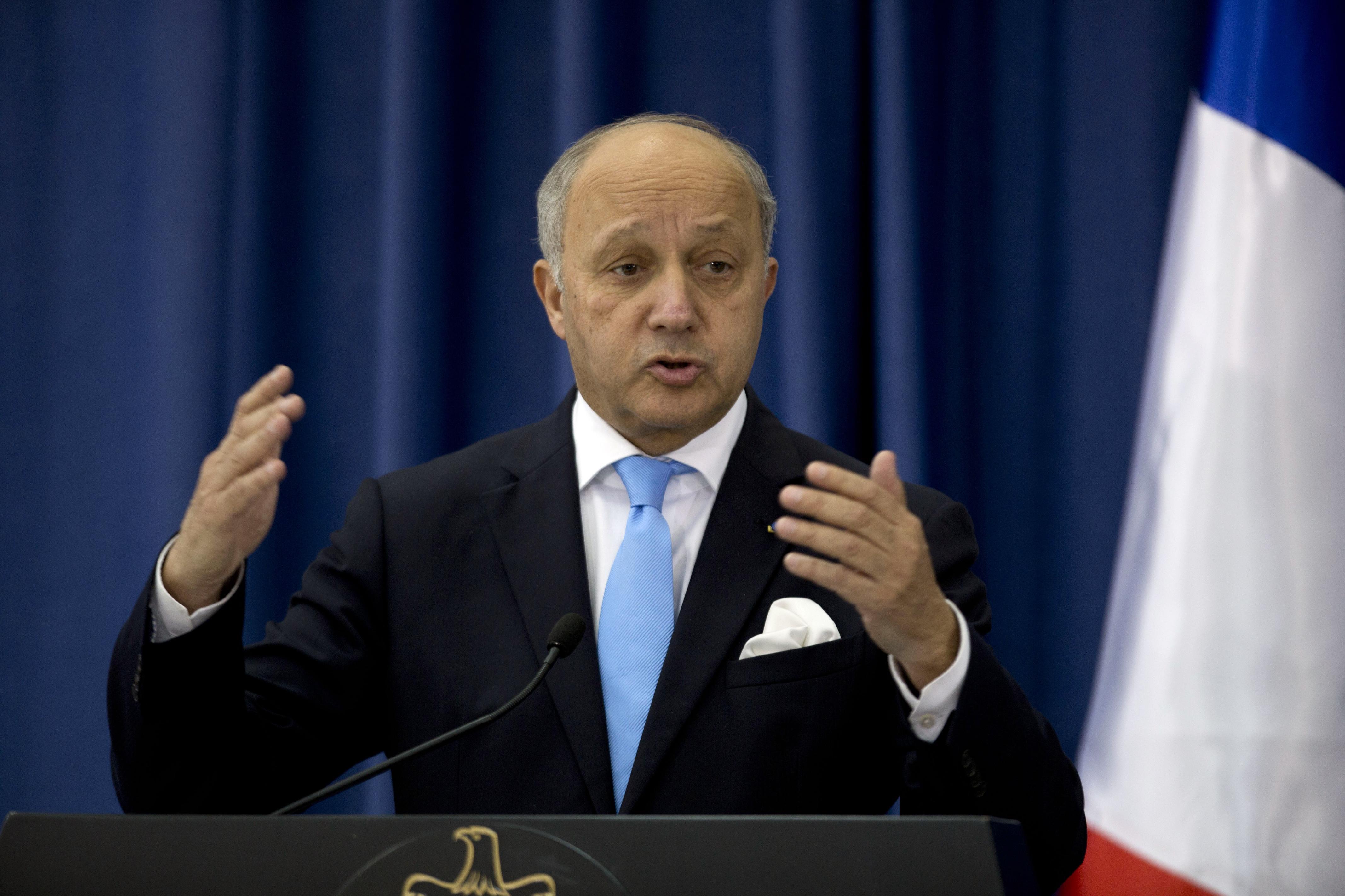 French Foreign Minister Laurent Fabius speaks during a press conference with Palestinian Foreign Minister Riyad Al-Maliki in the West Bank city of Ramallah, Sunday, June 21, 2015. (AP Photo/Majdi Mohammed)