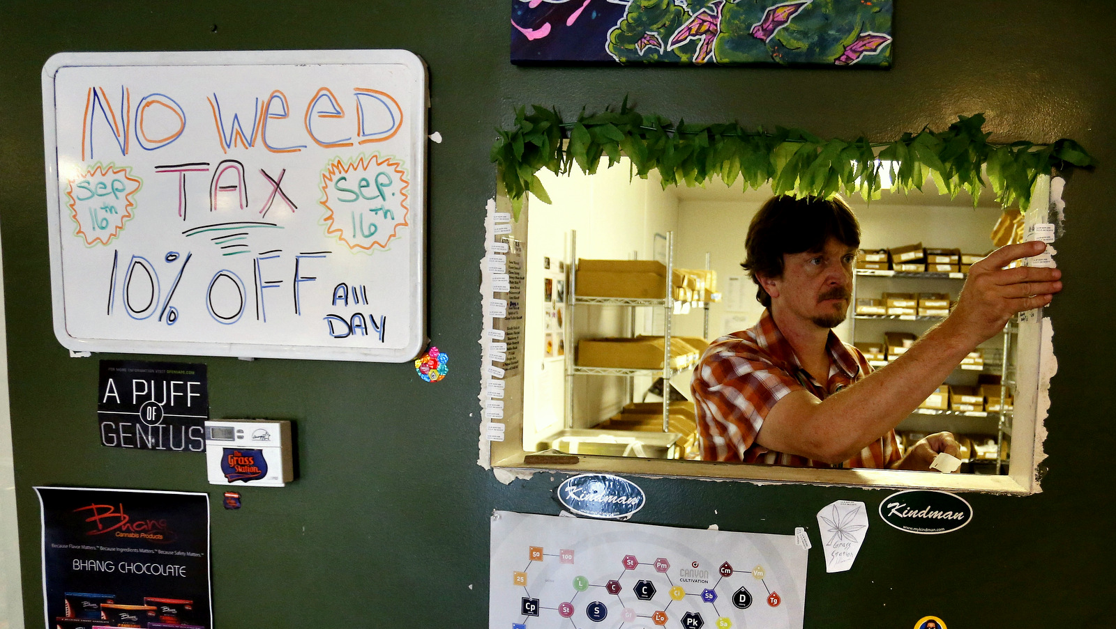 Inventory specialist David Shepard prepares date-of-purchase stickers that are required by law on all items sold, on a day in which no pot taxes were collected statewide, inside The Grass Station recreational marijuana store, in Denver, Colo. (AP Photo/Brennan Linsley, File)