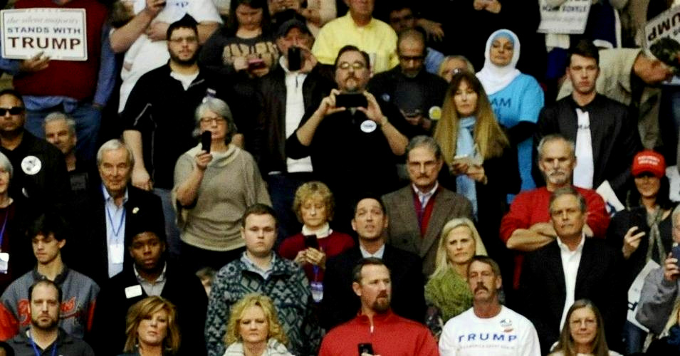 Rose Hamid is pictured in turquoise in the upper right at a Donald Trump rally in Rock Hill, South Carolina. (Photo: Rainier Ehrhardt / AP)