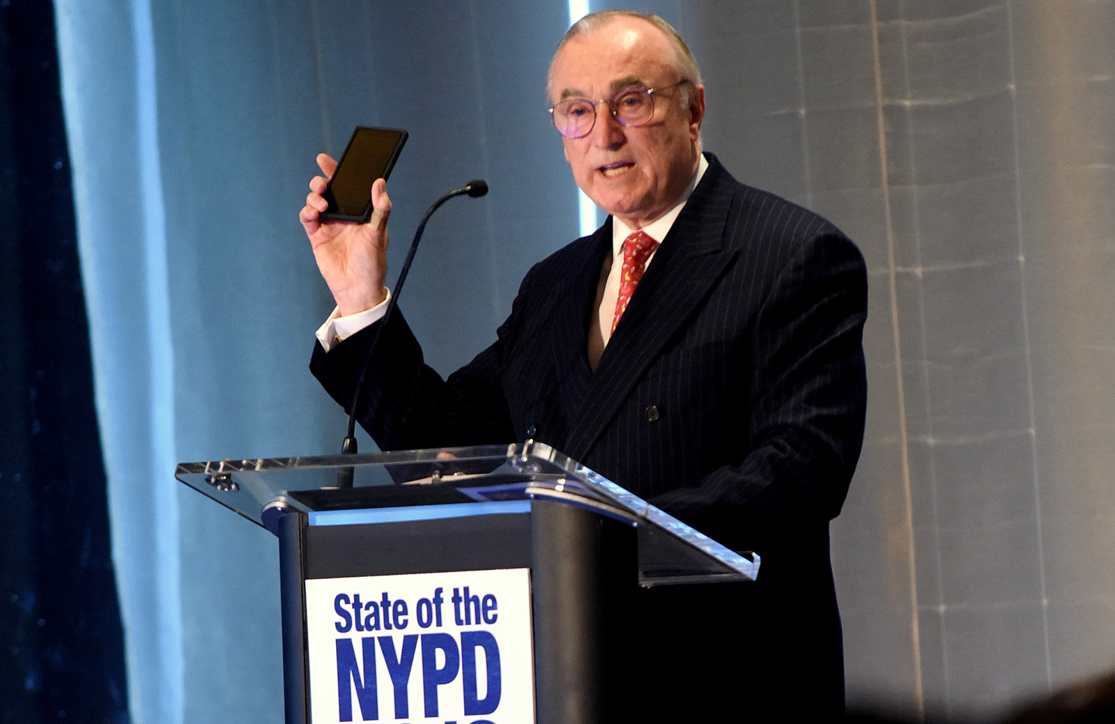 New York City Police Commissioner William J. Bratton announces that every police officer will be equipped with a smart phone by March 2016 during the New York City Police Foundation's "State of the NYPD" breakfast, Wednesday, Jan. 20, 2016, in New York. (Diane Bondareff/AP Images for New York City Police Foundation)