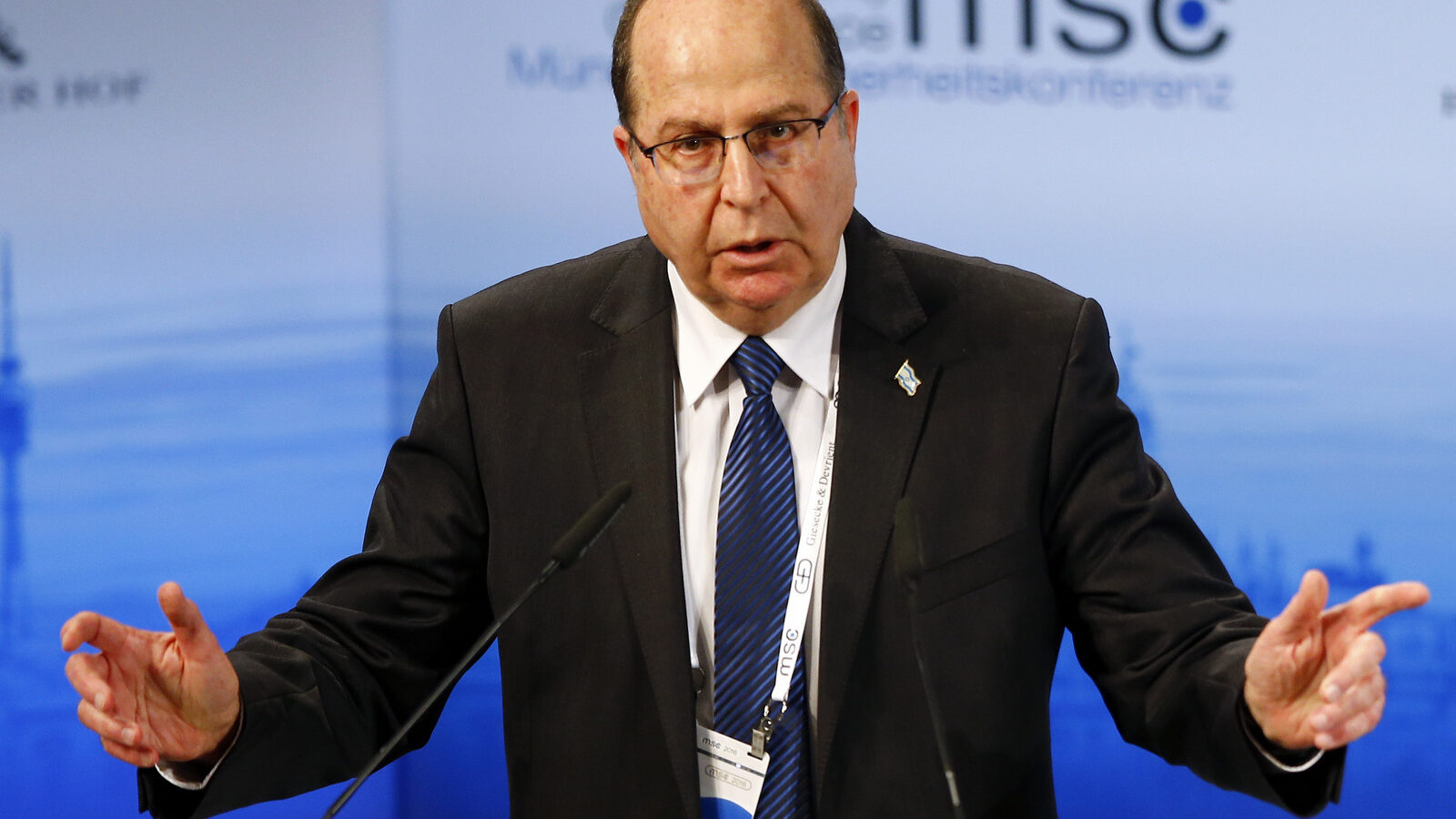 Moshe Yaalon, Defence Minister of Israel, gestures during his speech at the Security Conference in Munich, Germany, Sunday, Feb. 14, 2016. (AP Photo/Matthias Schrader)