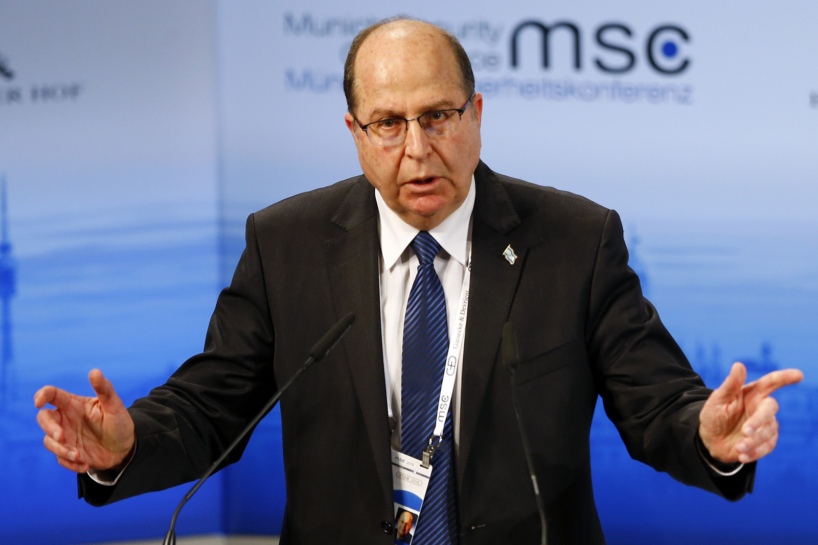 Moshe Yaalon, Defence Minister of Israel, gestures during his speech at the Security Conference in Munich, Germany, Sunday, Feb. 14, 2016. (AP Photo/Matthias Schrader)