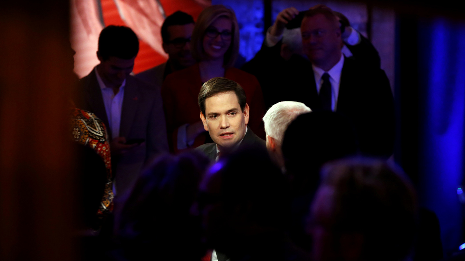 Republican presidential candidate, Sen. Marco Rubio, R-Fla., talks with Anderson Cooper during a commercial break at a CNN town hall event, Tuesday, Feb. 16, 2016, in Greenville, S.C. (AP Photo/Paul Sancya)