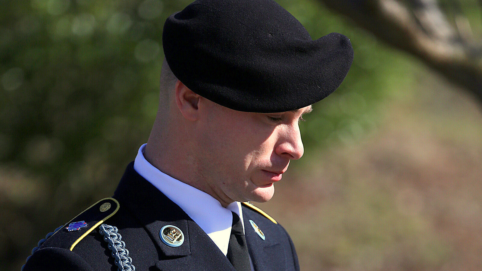 Army Sgt. Bowe Bergdahl exits a courthouse at Fort Bragg, N.C. after a pretrial hearing on Tuesday, Jan. 12, 2016. (AP Photo/Ted Richardson)