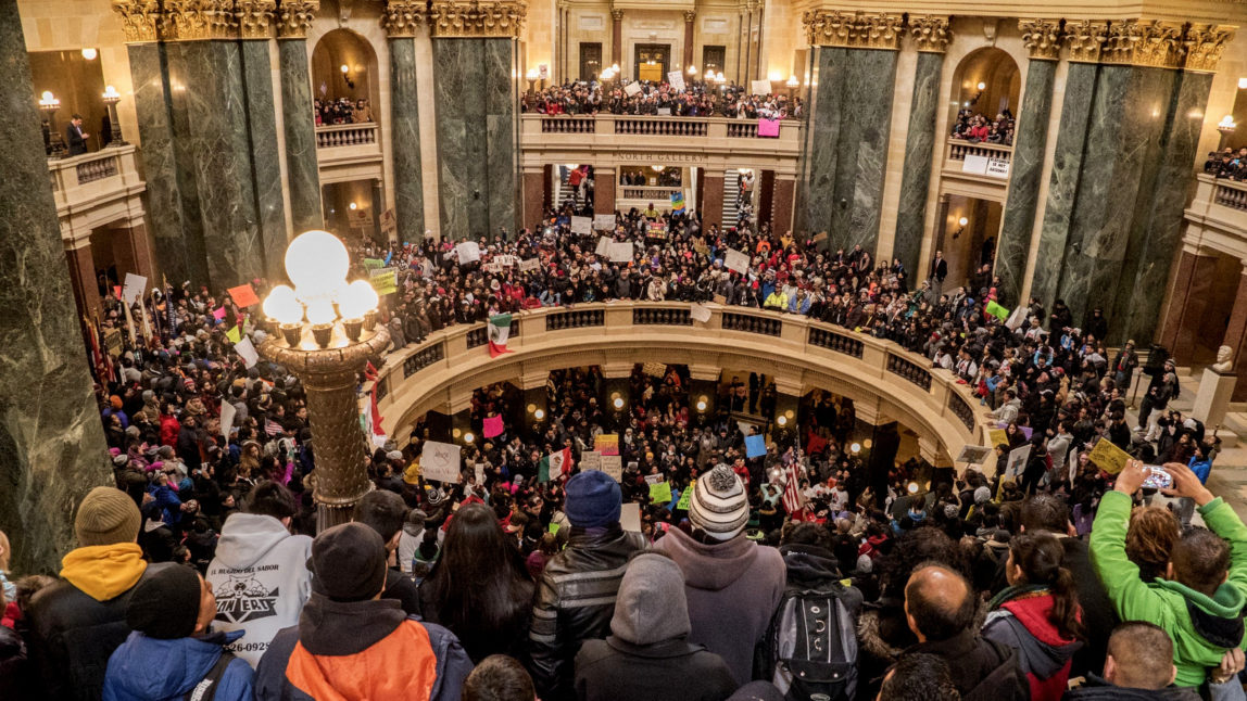 Wisconsin's Capitol Rotunda during massive mobilization against anti-immigrant laws (Photo: Twitter: @OLBLightBrigade)
