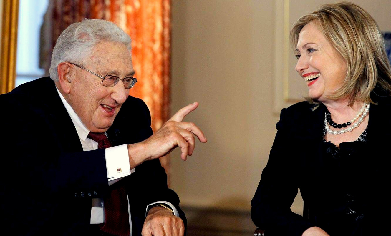 Former Secretary of State Henry Kissinger and Secretary of State Hillary Rodham Clinton talk during an interview by PBS's Charlie Rose, Wednesday, April 20, 2011, at the State Department in Washington. (AP Photo / Alex Brandon)
