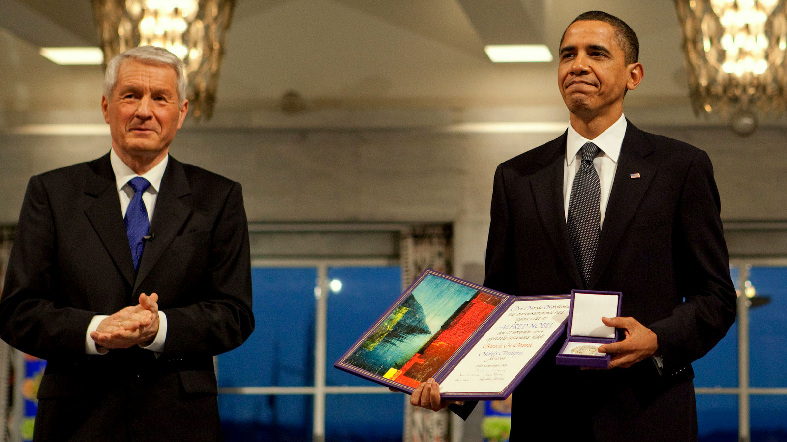 Barack Obama with Thorbjørn Jagland at the 2009 Nobel Peace Prize ceremony. (Official White House Photo by Samantha Appleton)