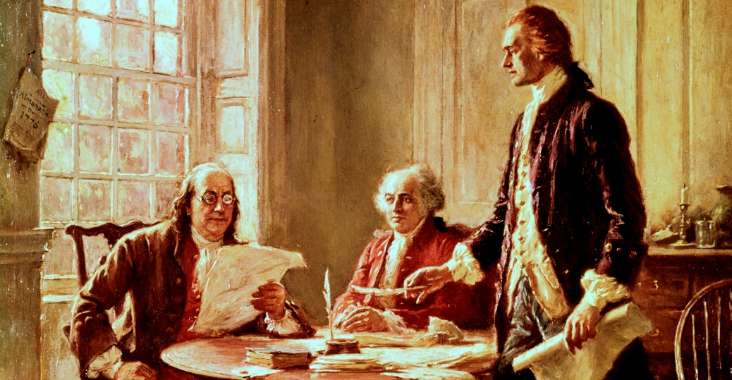 From the left, Benjamin Franklin, John Adams and Thomas Jefferson revise the Declaration of Independence, a document which today may have have been labeled as extremist rhetoric. (Painting by Jean Leon Gerome Ferris)