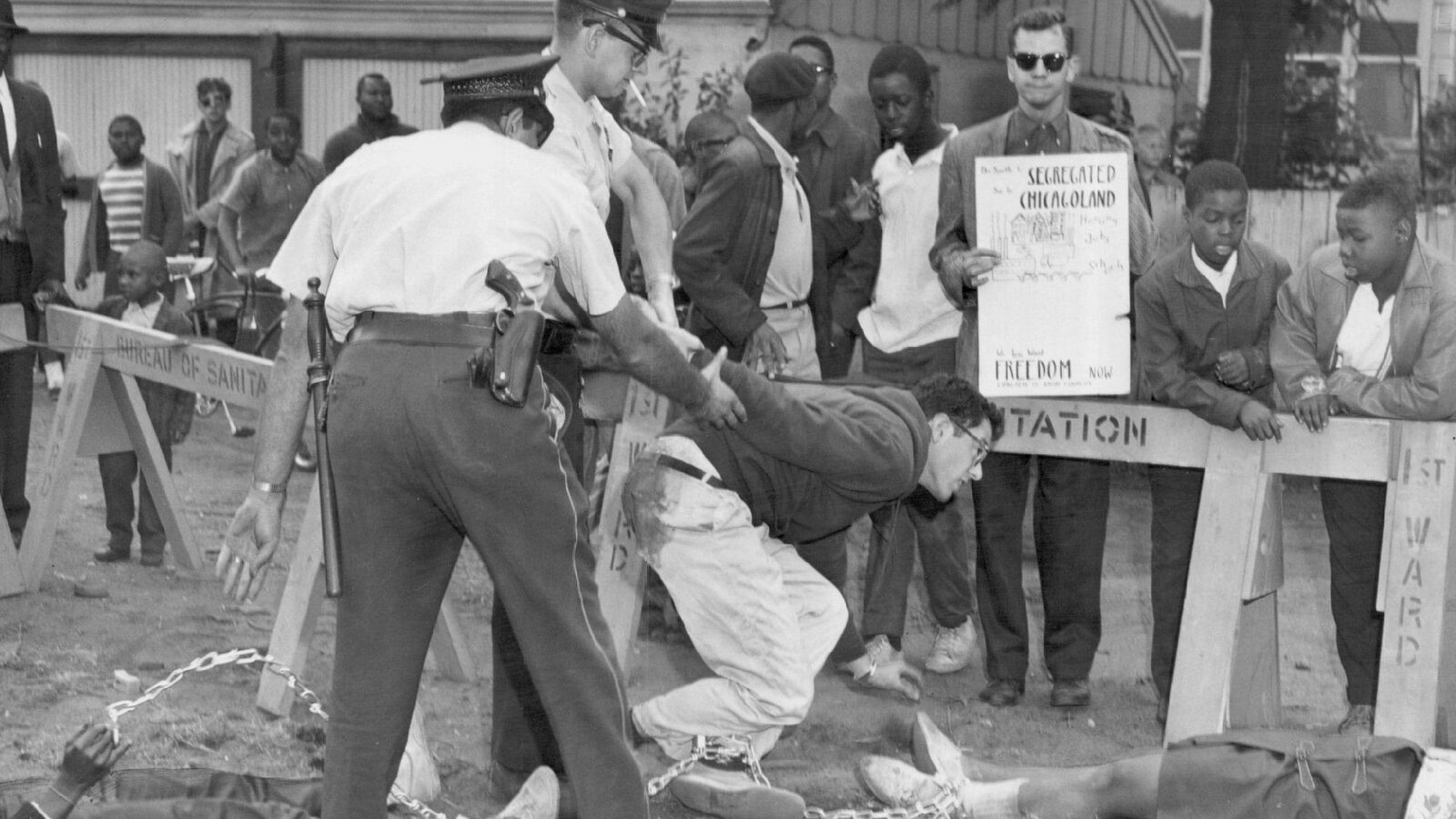 Chicago Police arrest Bernie Sanders during a civil rights protest on August 13, 1963.
