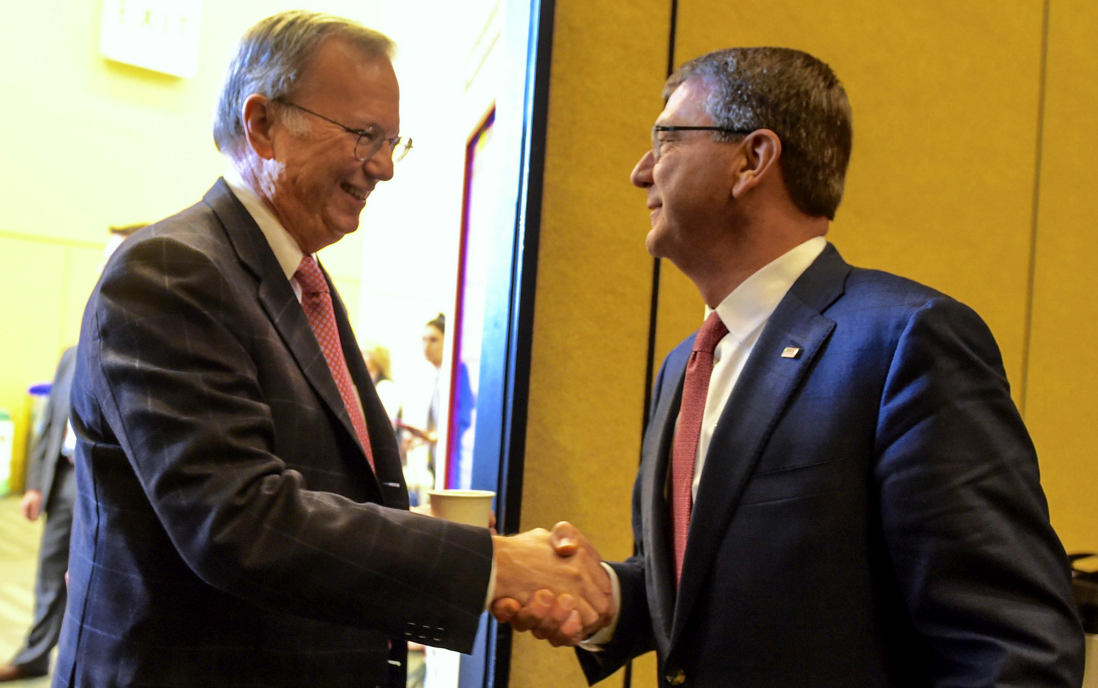 Defense Secretary Ash Carter meets with Eric Schmidt, executive chairman of Google parent company Alphabet and new chairman of the first DoD Innovation Advisory Board, during the RSA Security Conference in San Francisco, March 2, 2016. DoD photo by Navy Petty Officer 1st Class Tim D. Godbee