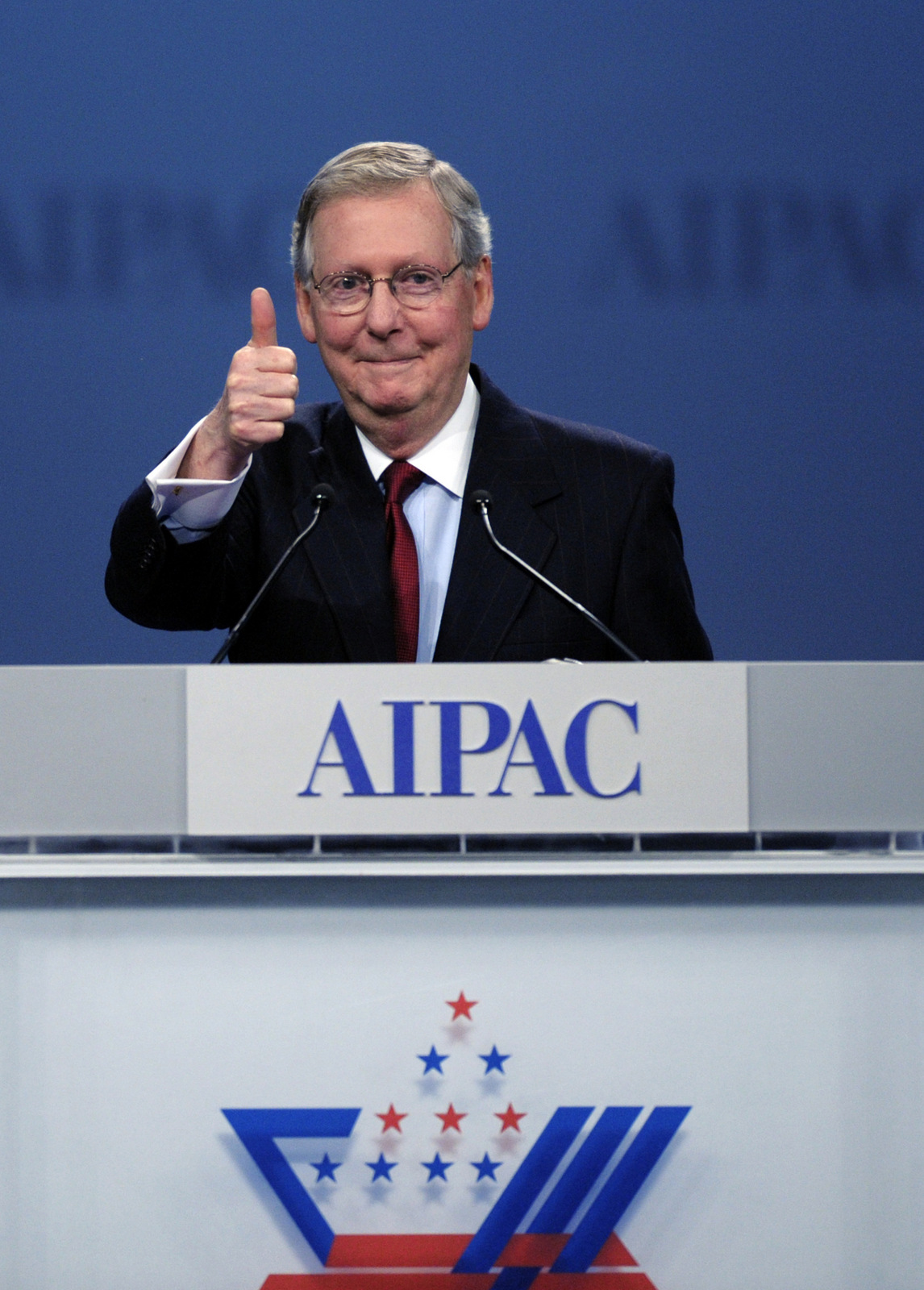 Senate Minority Leader Mitch McConnell, R-Ky., gives a thumbs-up as he finishes his address to the American Israel Public Affairs Committee (AIPAC) Policy Conference opening plenary session in Washington, Monday, March 5, 2012. (AP Photo/Cliff Owen)