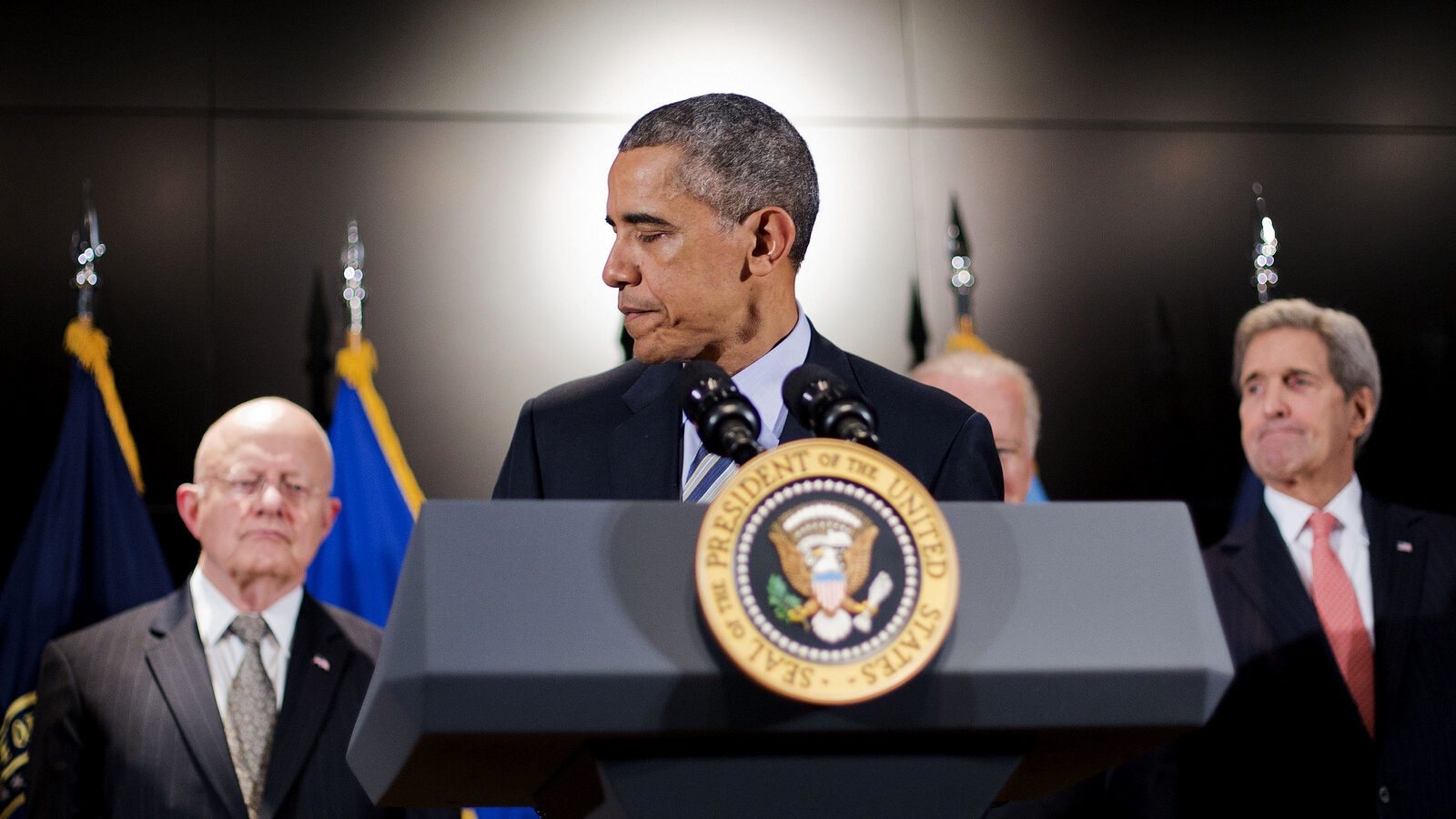 President Barack Obama, accompanied by, from left, Office of National Intelligence Director James Clapper, Vice President Joe Biden, and Secretary of State John Kerry, walks away from the podium after speaking at the National Counterterrorism Center in McLean, Va.,Thursday, Dec. 17, 2015. (AP Photo/Pablo Martinez Monsivais)