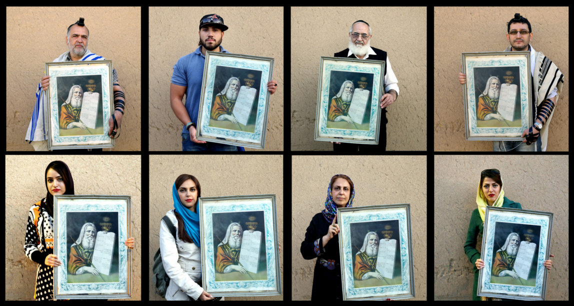 In this Nov, 2014 combo image made up of 8 photos, Iranian Jews pose for photographs holding a painting of Moses with "The Ten Commandments," after prayers at the Molla Agha Baba Synagogue, in the city of Yazd 420 miles (676 kilometers) south of capital Tehran. Iran has been home to Jews for more than 3,000 years, and has the Middle East’s largest Jewish population outside of Israel, a perennial foe of the country. (AP Photo/Ebrahim Noroozi)