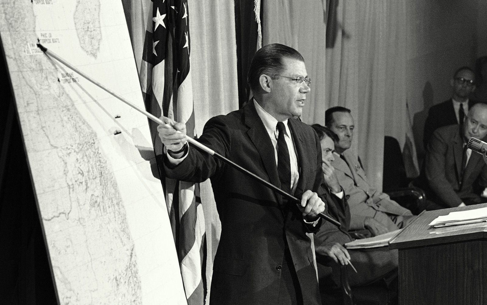 Sec. of Defense Robert McNamara indicates on a map where U.S. Navy aircraft made strikes at North Vietnamese PT boats and their shore bases in retaliation for the two attacks on American craft in the Gulf of Tonkin at a Pentagon news briefing, Aug. 5, 1964, Washington, D.C. The account came within hours of an announcement by Pres. Lyndon B. Johnson of the decision to hit back hard in reply to the attacks. (AP Photo)